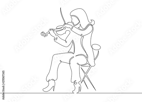 A continuous one drawn single line of a musician is played by a violinist woman