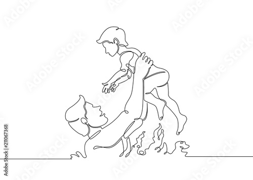 Continuous one single  draw line on the beach father playing with her baby son
