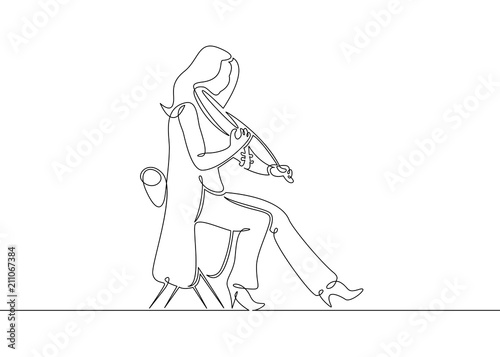 A continuous one drawn single line of a musician is played by a violinist woman