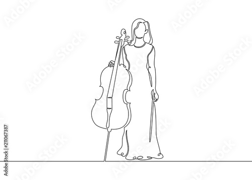 A continuous single drawn single line of a musician is played by a cellist woman.
