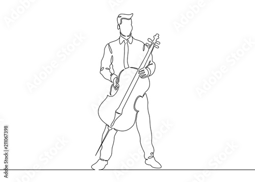 A continuous single drawn single line of a musician is played by a cellist man.