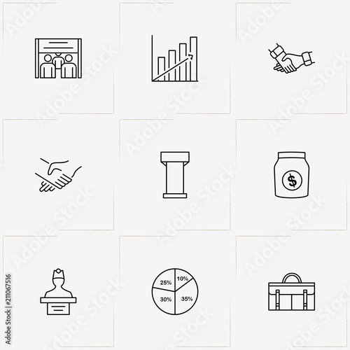 Politic line icon set with jury , case and partnership