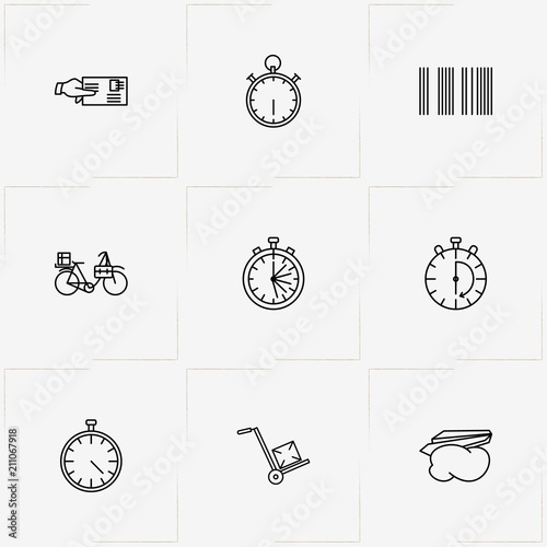 Post Service line icon set with post service trolley , postman bicycle and mail send