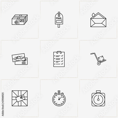 Post Service line icon set with mail box , parcel and notice book