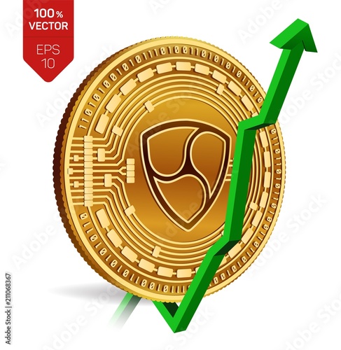Nem. Growth. Green arrow up. Nem index rating go up on exchange market. Crypto currency. 3D isometric Physical Golden coin isolated on white background. Vector illustration.