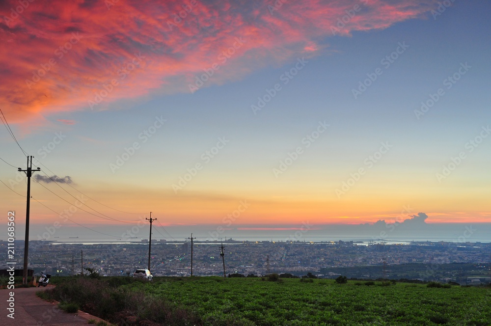 Beautiful sunset and night view of coastline at evening in Shalu, Taichung, Taiwan Beautiful sunset and night view of coastline at evening in Shalu, Taichung, Taiwan