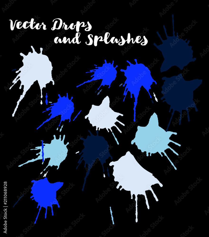 Blue Vector Splashes, Hand Painted Watercolor Bang. Indian Holi Color Festival, Paint Burst, Water Splash. Blue Holi Paint Burst, Vector Craft Logo Element. Uneven Texture Graffiti Shapes, Buttons.
