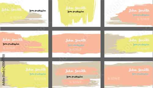 Drawn Business Cards Vector Template Collection. Ink, Oil Paint Brush Strokes Cool Banners Set. Creative Atristic Grungy Retro Corporate Identity. Funky Strokes Cool Business Cards Vector Template.