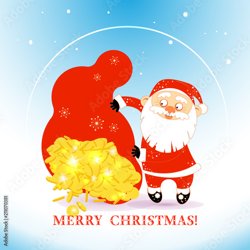 Christmas Santa Claus holds a huge money bag from which coins pour out