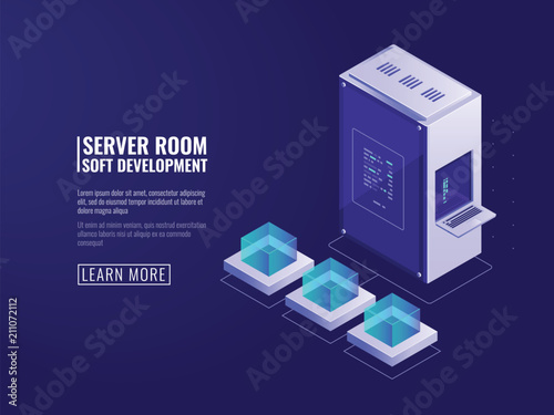 Design of information systems icon, web server, computer equipment, big data processing, Internet client, network connection isometric vector