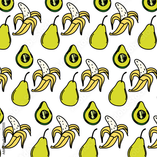 color avocado with pear and banana fruits background
