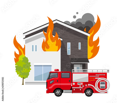 家、一軒家：火事、火災、消防車