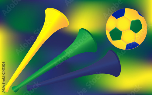 Soccer football backdrop vector. Trumpet horn and ball on gradient blur background. Brazil flag colors.