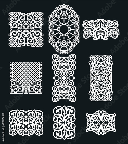 Laser cutting set. Woodcut vector trellis panel. Plywood lasercut eastern design. Stencil lattice ornament.