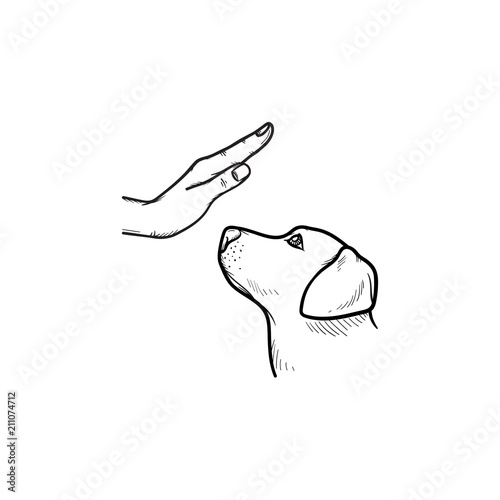 Dog training hand drawn outline doodle icon. Puppy with human arm as animals training concept. Vector sketch illustration for print, web, mobile and infographics on white background.