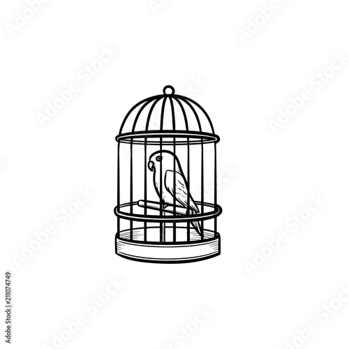 A bird in the trap hand drawn outline doodle icon. A parrot sitting in the birdcage as freedom and beauty of natural habitat concept. Vector sketch illustration on white background.