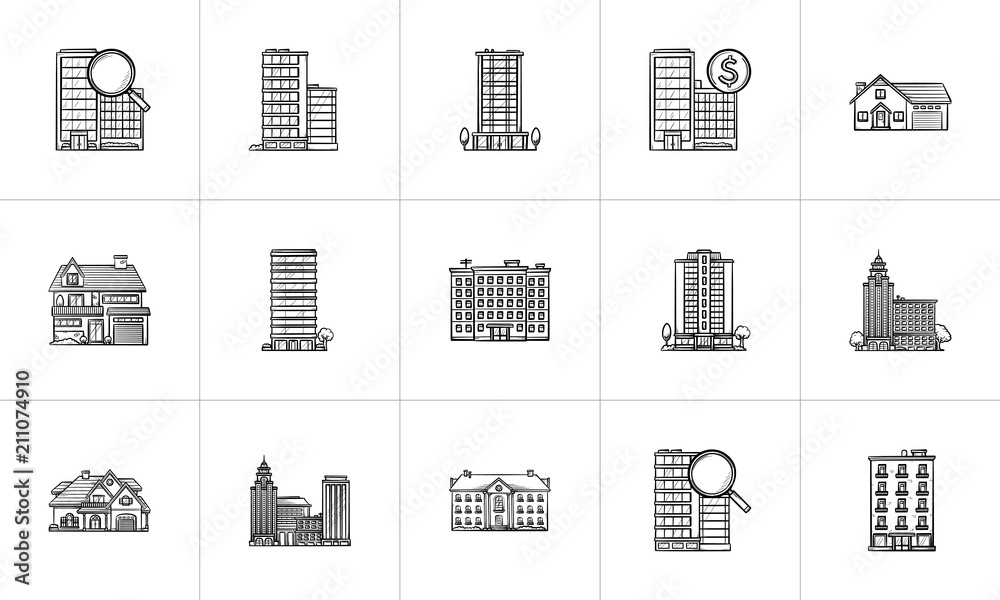Real estate hand drawn outline doodle icon set. Outline doodle icon set for print, web, mobile and infographics. Realty, mortgage, property vector sketch illustration set isolated on white background.