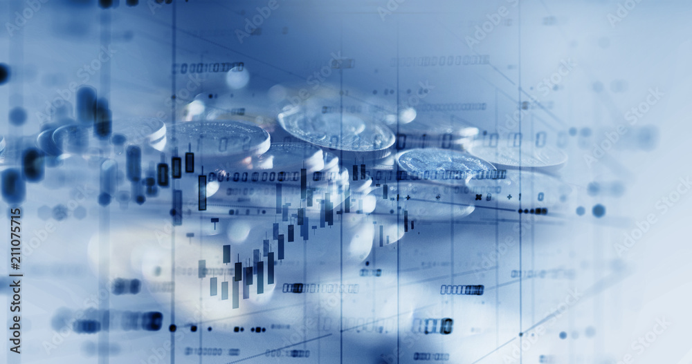 double exposure image of stock market investment graph and coins stack.