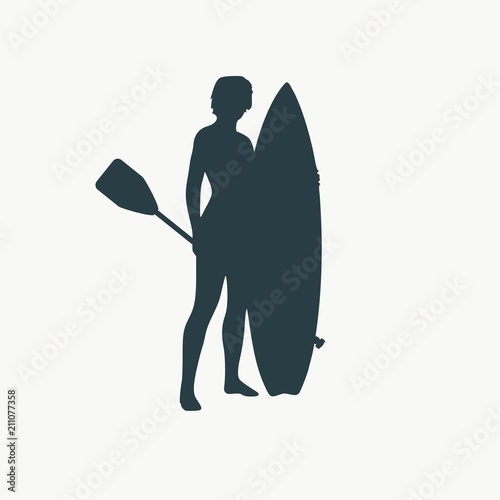 Woman posing with surfboard and paddle. Vintage surfing graphic and emblem for web design or print. Stand up paddle boarding