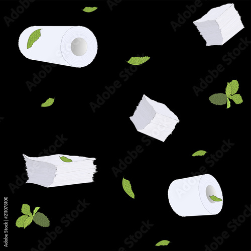 Set of white paper hygienic products - paper tissues,towels,napkins, toilet paper with green mint leaves.  Seamless pattern. Concept of hygiene, cleanliness, body care and freshness. Black background