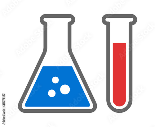 Chemistry beakers with Erlenmeyer flask and test tube holding chemicals flat vector color icon for science apps and websites