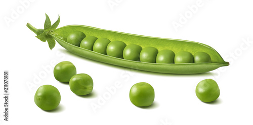 Carta da parati Fresh green pea pod with beans isolated on white background