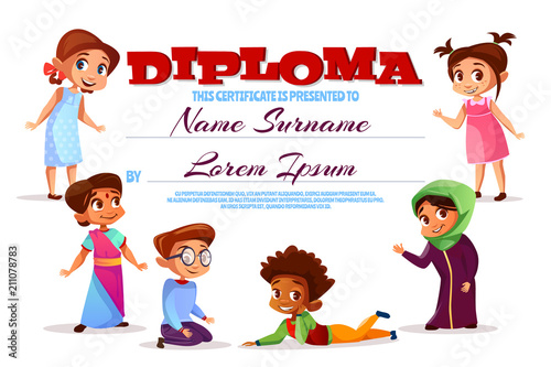 Diploma or kindergarten certificate vector illustration. Cartoon design of smiling happy children, Afro American boys and Muslim girls in hijab and khaliji or Indian kids in sari