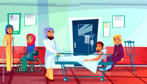 Muslim doctor and patients vector illustration of man in medical reanimation couch and women with trauma and crutch or in wheelchair waiting in traumatology clinic