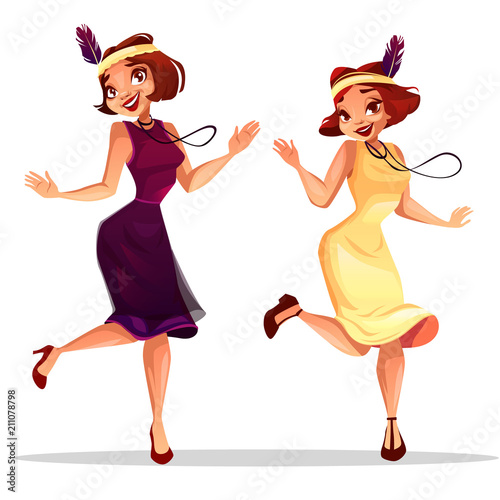 Jazz dancers vector illustration of middle age women dancing charleston or cabaret music performance in retro dress and with vintage jewelry and feather plume on hat.