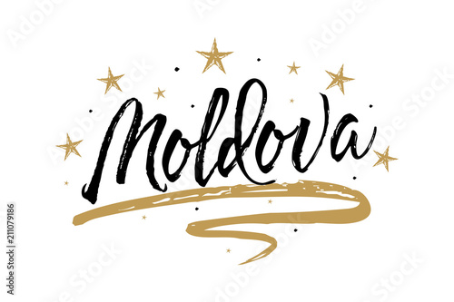 Moldova. Name country word text card, banner script. Beautiful typography inscription greeting calligraphy poster black, gold ribbon, star. Handwritten design modern brush lettering isolated vector.