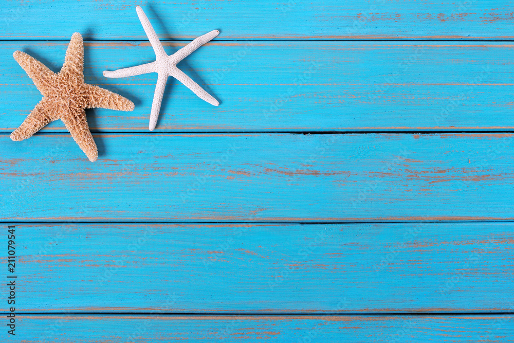 Starfish old worn blue beach wood deck background border Starfish old worn blue beach wood deck background border