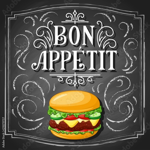 Bon Appetit hand lettering, vintage drawn typography with burger draft sketch, custom letters on black chalkboard background. Vector illustration.