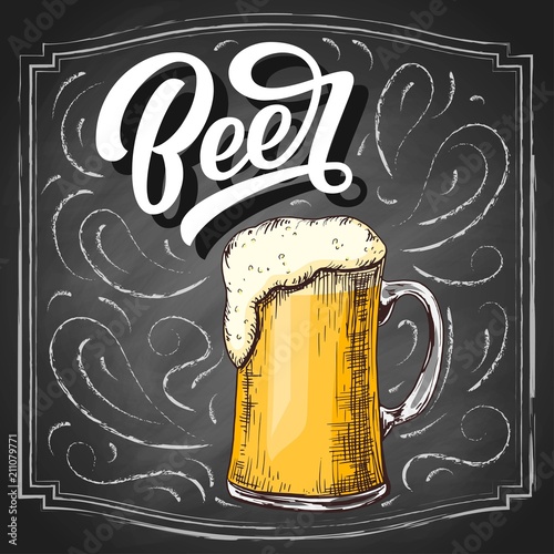 Beer hand lettering, vintage brush typography, with hand-drawn colorful tankard sketch isolated on black chalkboard background. Vector illustration.