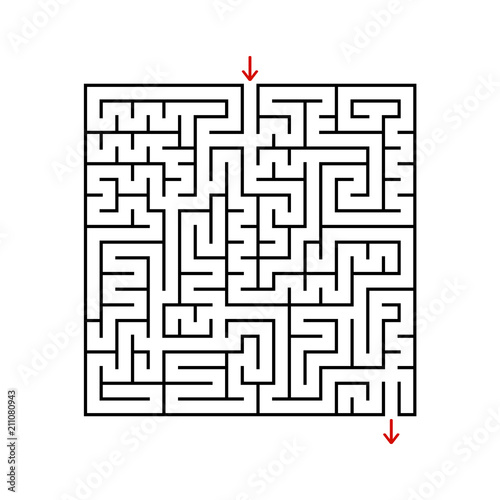 Black square maze with entrance and exit. A game for children and adults. Simple flat vector illustration isolated on white background.
