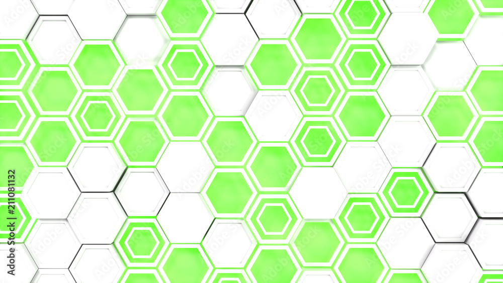 Abstract 3d background made of white hexagons on green glowing background Abstract 3d background made of white hexagons on green glowing background