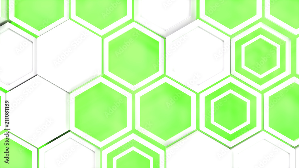 Abstract 3d background made of white hexagons on green glowing background Abstract 3d background made of white hexagons on green glowing background