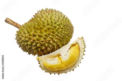 Top view of fresh durian fruit isolated on white background, Tropical fruit, copy space (Malvaceae, Durio, Bombacaceae, Phuang Mani)