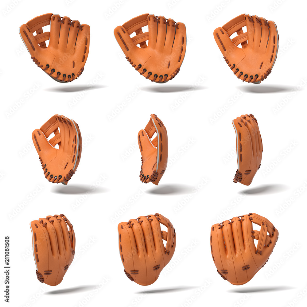 3d rendering of many orange leather gloves in different angles of view on a white background. Stock Illustration | Adobe Stock