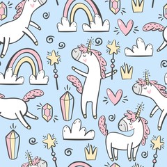 Fototapete Einhornmuster Verspielte Einhörner Nahtloses Kindermuster  © Daria