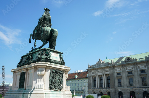 Statue of Emperor Joseph II with horse lifting two leg in front of Hofburg Palace Vienna Austria.