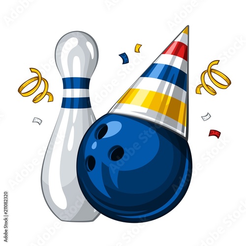 Vector illustration of bowling skittle and blue bowling ball in colored party hat, isolated on white background. Party shiny hat with ribbon. Happy birthday 1.1