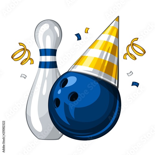 Vector illustration of bowling skittle and blue bowling ball in golden party hat, isolated on white background. Party shiny hat with ribbon. Happy birthday 1.1