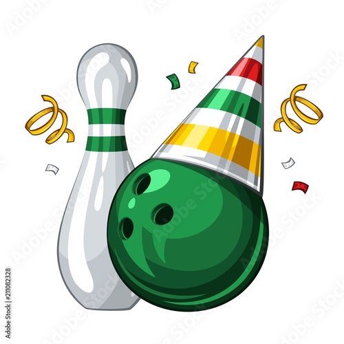 Vector illustration of bowling skittle and green bowling ball in colored party hat, isolated on white background. Party shiny hat with ribbon. Happy birthday 1.1