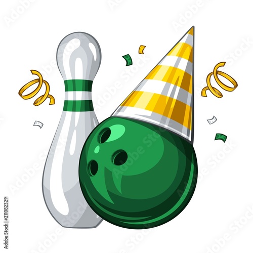 Vector illustration of bowling skittle and green bowling ball in golden party hat, isolated on white background. Party shiny hat with ribbon. Happy birthday 1.1
