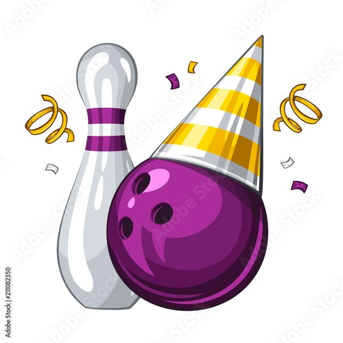 Vector illustration of bowling skittle and purple bowling ball in golden party hat, isolated on white background. Party shiny hat with ribbon. Happy birthday 1.1
