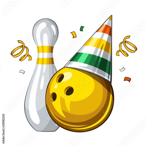 Vector illustration of bowling skittle and yellow bowling ball in colored party hat, isolated on white background. Party shiny hat with ribbon. Happy birthday 1.1