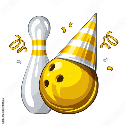 Vector illustration of bowling skittle and yellow bowling ball in golden party hat, isolated on white background. Party shiny hat with ribbon. Happy birthday 1.1
