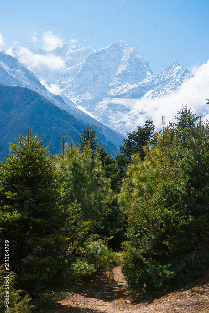 Beautiful snow mountains landscape in forest during trekking route to the Everest Base Camp