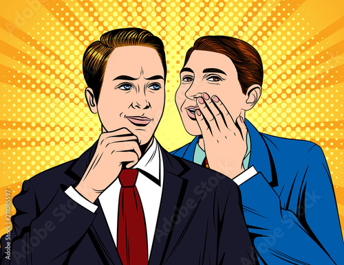 Vector colorful pop art comic style illustration of one guy in suit telling a funny story to colleague. Portrait of two young handsome businessmen who having conversation