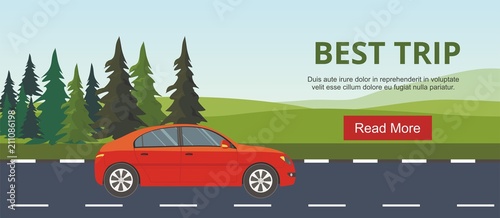 Red car drive on the road Layers of mountain landscape with fir trees. 